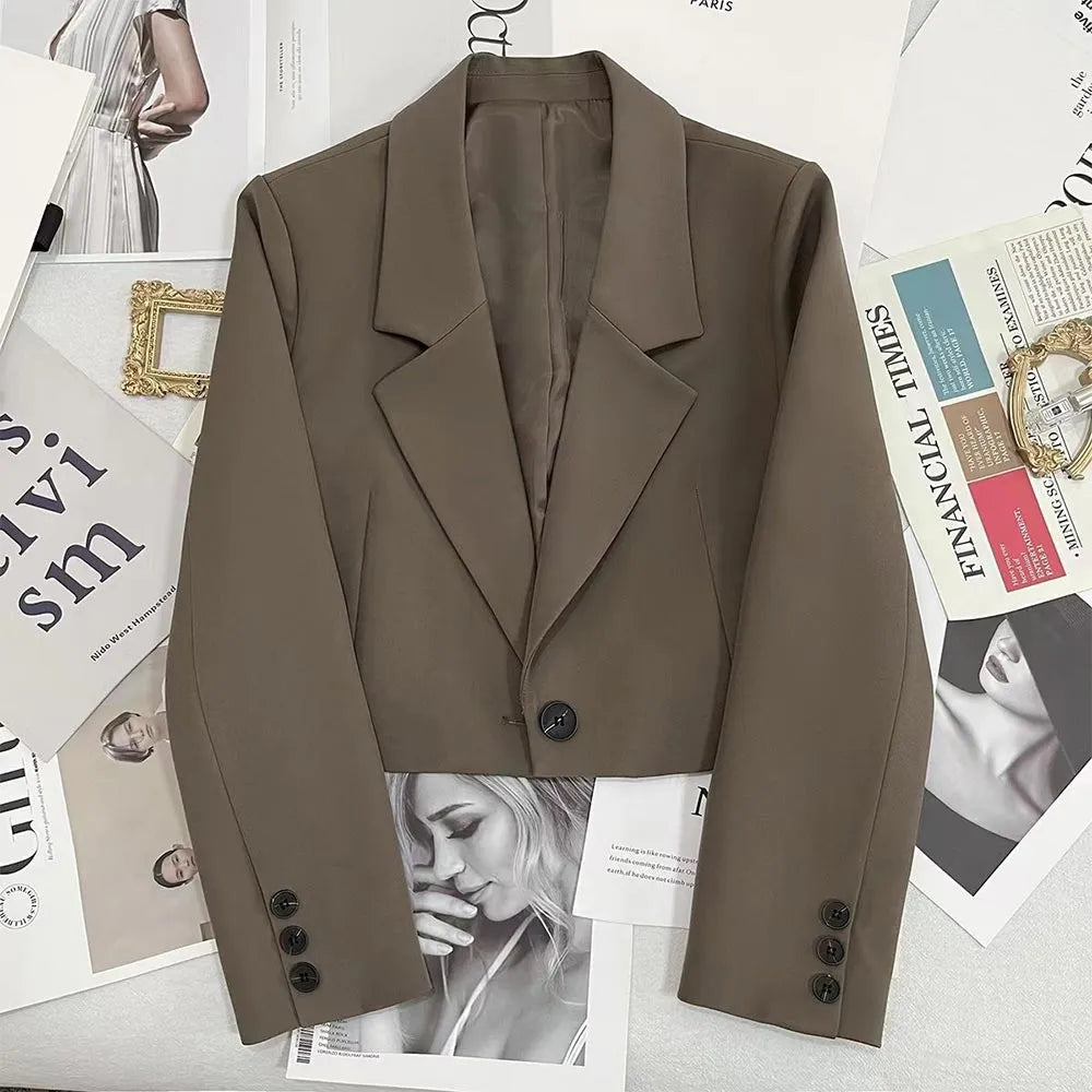 Autumn Winter Fashion Women's Blazer Korean Style Office Cropped Blazers Spring Women All-Match Street Long Sleeve Suit Jacket Coffee