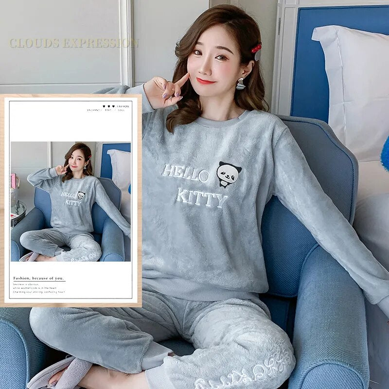 Autumn Winter Flannel Women's Pajamas Sets Cute Polka Dots Printed Teddy Sleepwear Velvet Homewear Set Girl Pijamas Mujer Pyjama W12