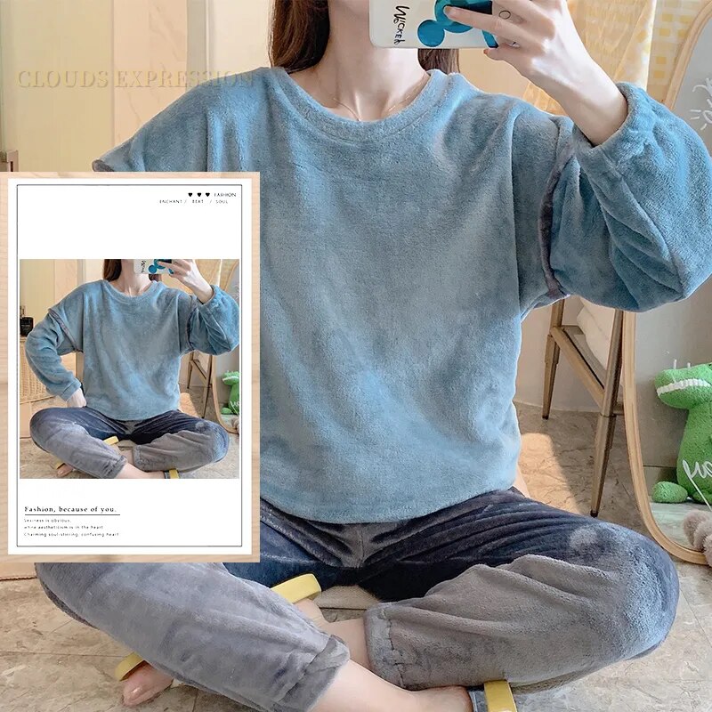 Autumn Winter Flannel Women's Pajamas Sets Cute Polka Dots Printed Teddy Sleepwear Velvet Homewear Set Girl Pijamas Mujer Pyjama W10