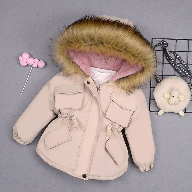 Autumn Winter Fur Collar Children Thick Warm Jackets Girls Warm Kids Down Coats Girl 2-8 Years Outerwear Kids Clothing Beige