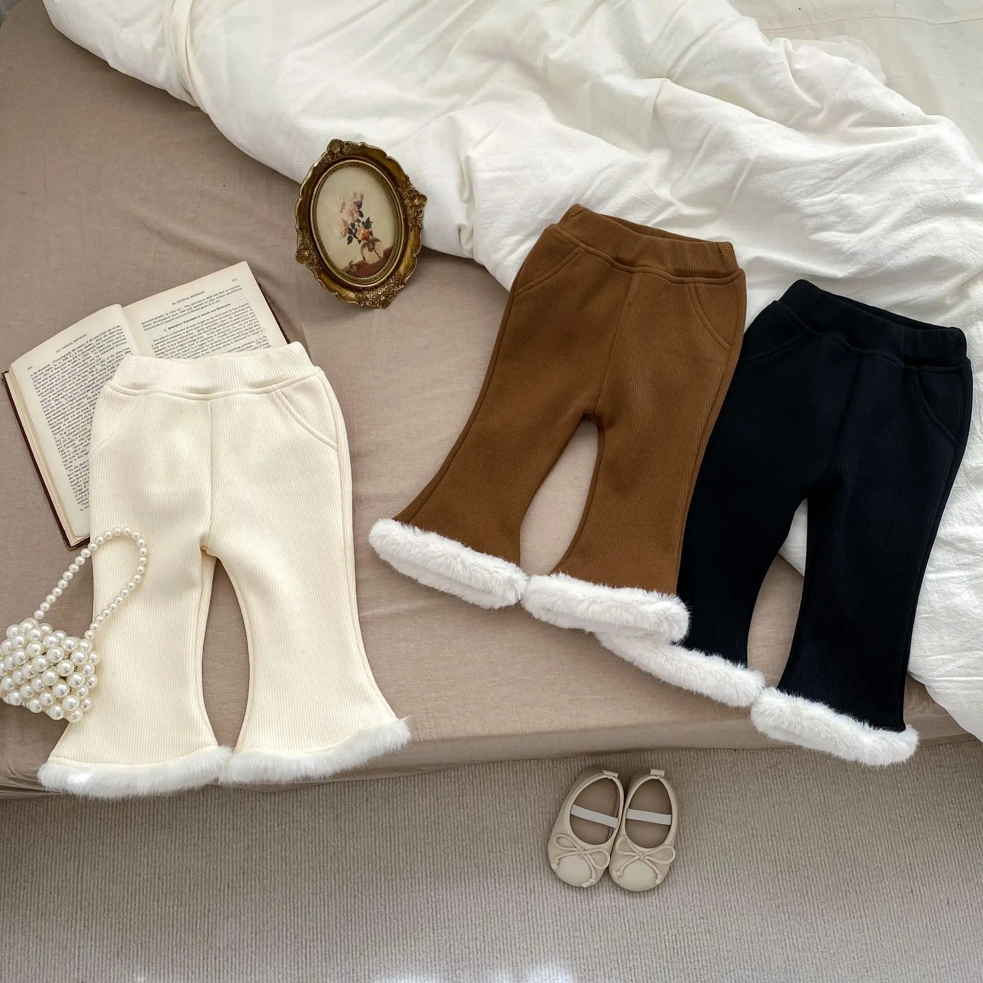 Autumn Winter Girl Baby Plus Velvet Solid Boot Cut Children Fleece Thicken Warm Casual Pants Fashion Kid Outdoor Cotton Trousers