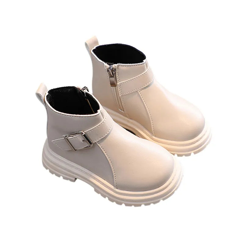 Autumn Winter Girls Children Boots Soft Rubber Bottom Newborn Boys Girls Sports Boots Leather Zipper Casual Warm Snow Shoes Beige