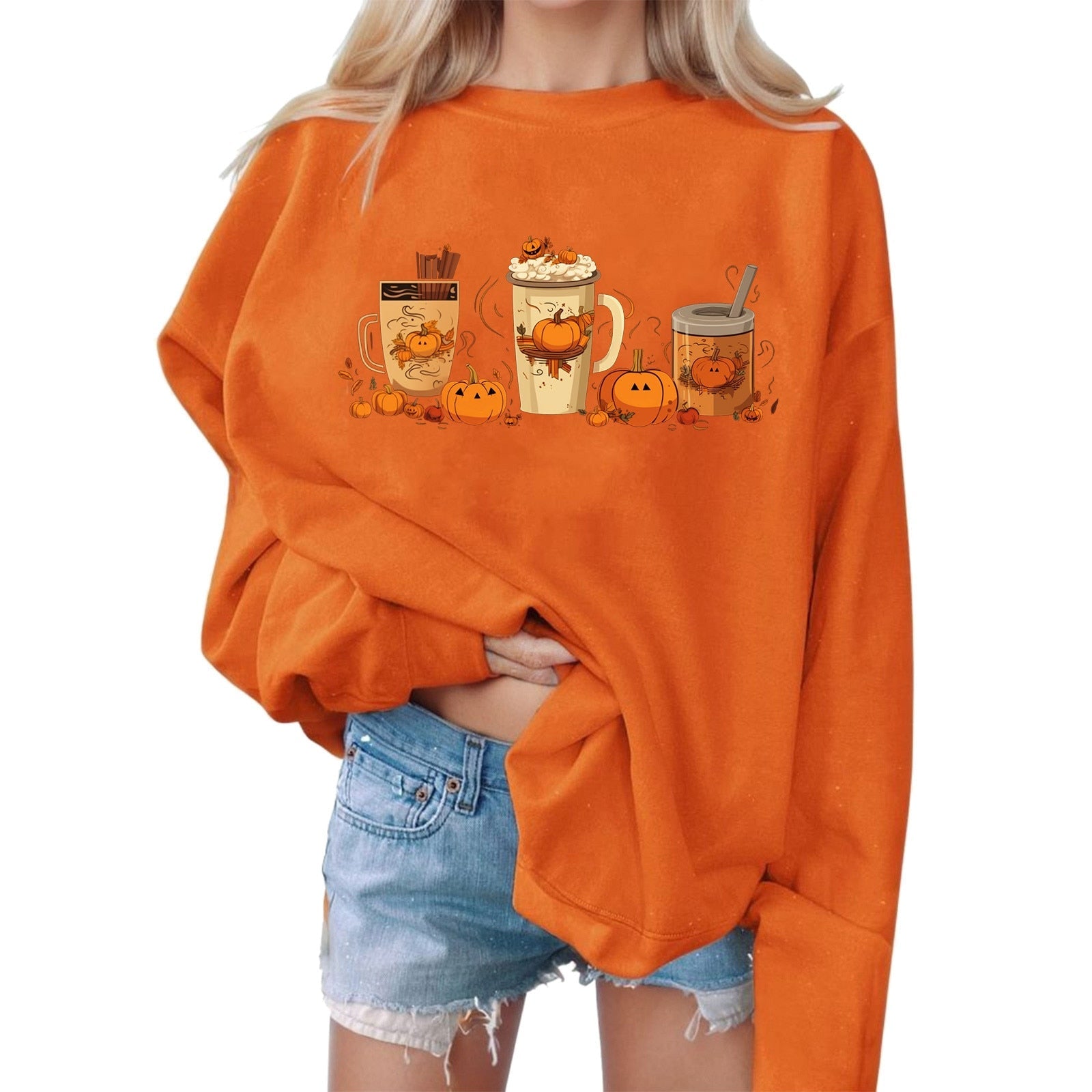 Autumn Winter Hoodless Sweatshirt Halloween Sweatshirts Printing Sweater Long Sleeve Women Sweatshirts Pullover Sudadera Outfits Orange