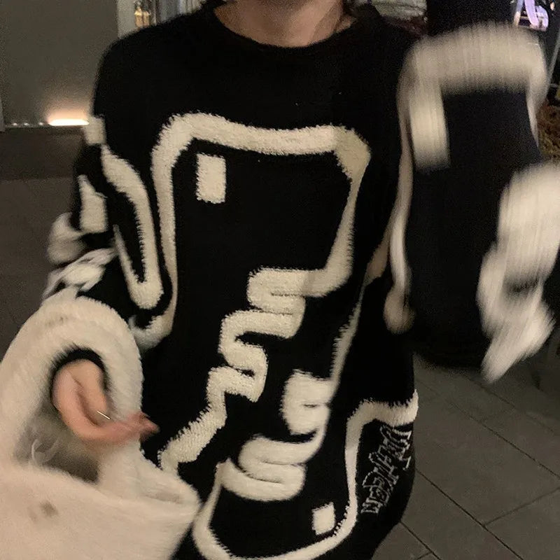 Autumn Winter Korean Style Women Casual Loose O-neck Cartoon Pullover All-matched Long Sleeve Sweater