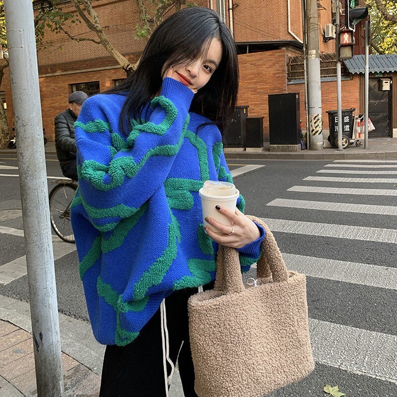 Autumn Winter Korean Style Women Casual Loose O-neck Cartoon Pullover All-matched Long Sleeve Sweater