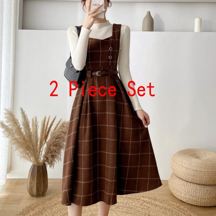 Autumn Winter Lady fashion Overalls 2 Piece Set Dress Women black Knitted Sweater Top + Plaid Tweed Slim Big Swing Midi Dress 2 Piece Set 1