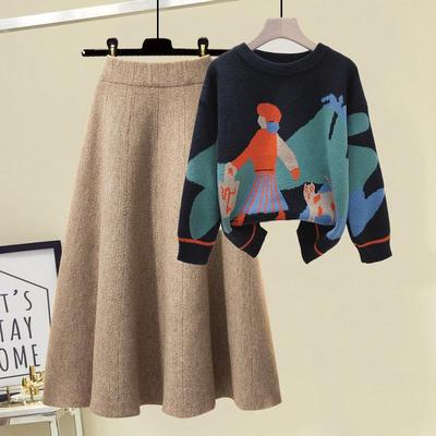 Autumn Winter Long Sleeve Knitted Loose Pullover Sweater+Women High Waist A Line Skirt Knitted 2 Piece Set khaki black2PieceSet One Size