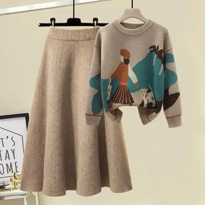 Autumn Winter Long Sleeve Knitted Loose Pullover Sweater+Women High Waist A Line Skirt Knitted 2 Piece Set khaki coffe2PieceSet One Size