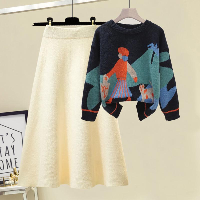 Autumn Winter Long Sleeve Knitted Loose Pullover Sweater+Women High Waist A Line Skirt Knitted 2 Piece Set