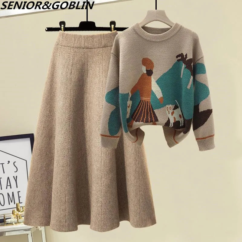 Autumn Winter Long Sleeve Knitted Loose Pullover Sweater+Women High Waist A Line Skirt Knitted 2 Piece Set