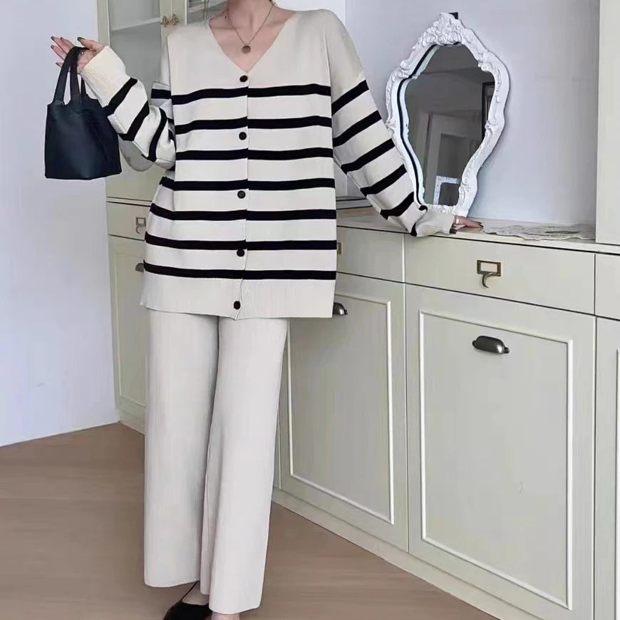 Autumn/Winter Loose Stripe Low Neck Single breasted Long Sleeve Knitwear with a Hanging High Waist Wide Leg Pant Trend