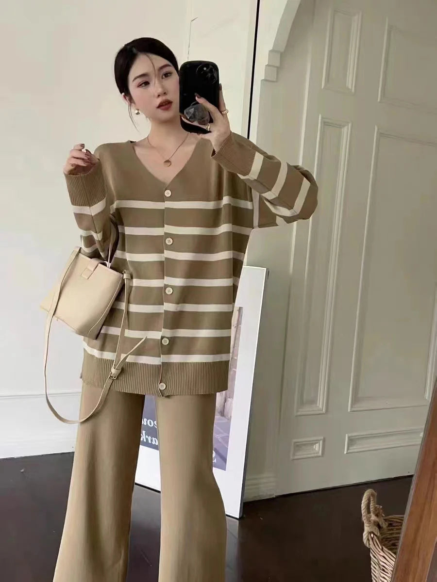 Autumn/Winter Loose Stripe Low Neck Single breasted Long Sleeve Knitwear with a Hanging High Waist Wide Leg Pant Trend