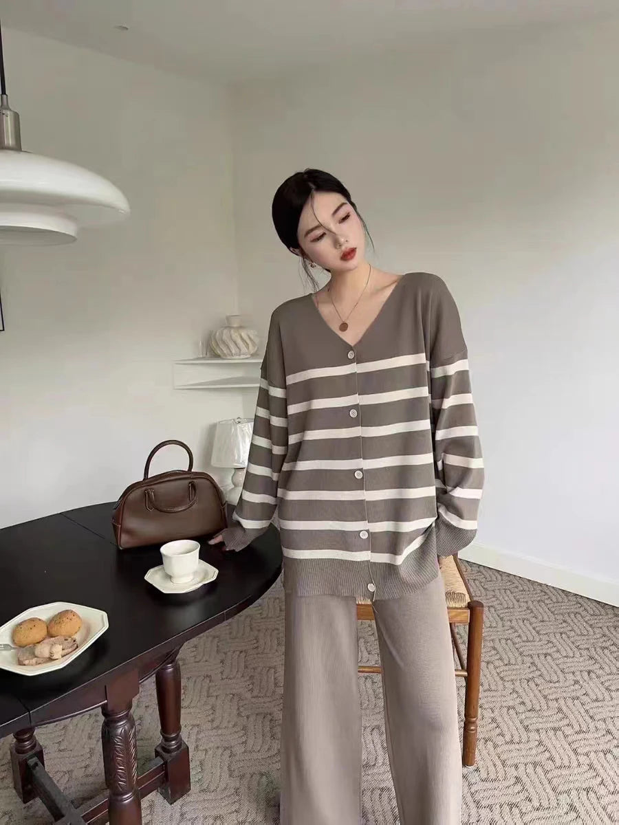 Autumn/Winter Loose Stripe Low Neck Single breasted Long Sleeve Knitwear with a Hanging High Waist Wide Leg Pant Trend Coffee