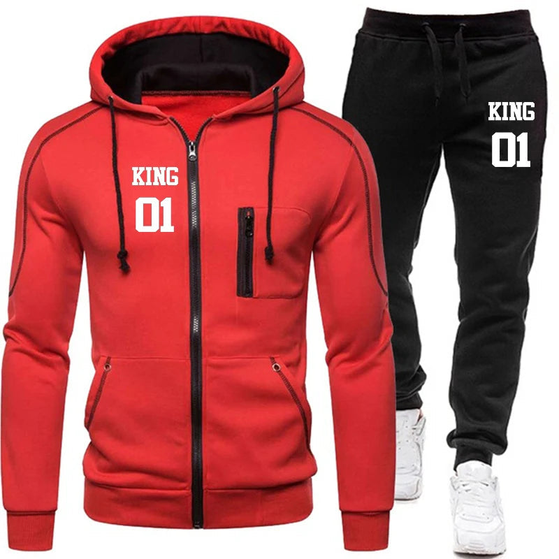 Autumn Winter Men's King Printed Tracksuit Suit Man Zipper Hoodie+Pants 2 Piece Set Casual Gym Fitness Jogging Sportswear Red