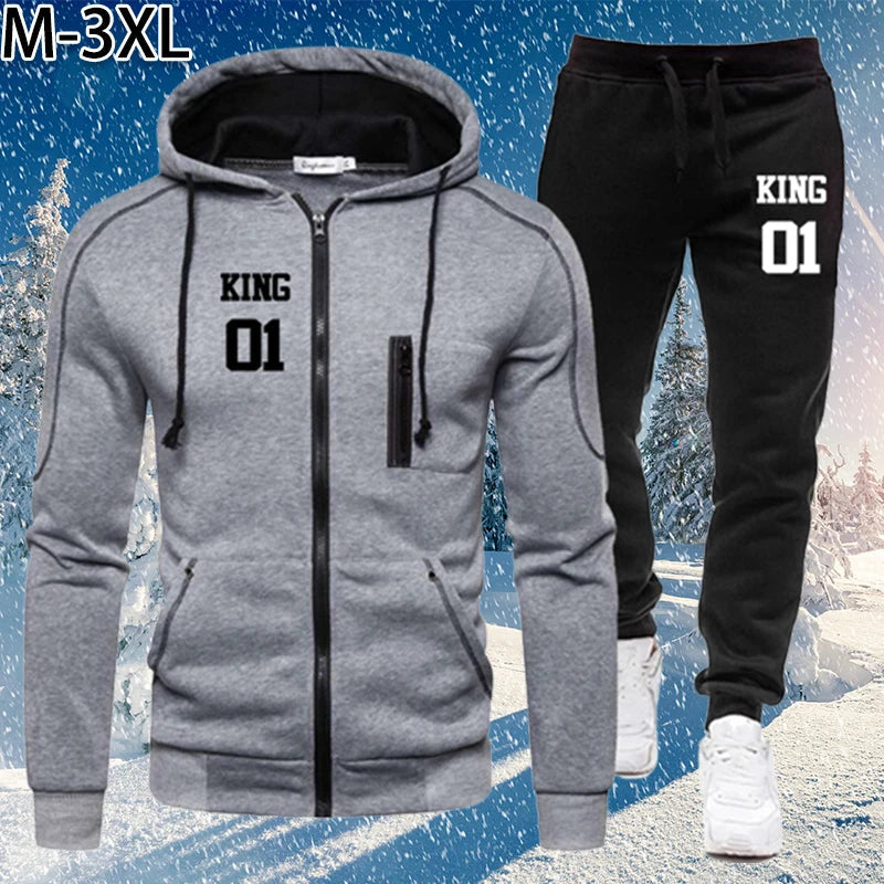 Autumn Winter Men's King Printed Tracksuit Suit Man Zipper Hoodie+Pants 2 Piece Set Casual Gym Fitness Jogging Sportswear