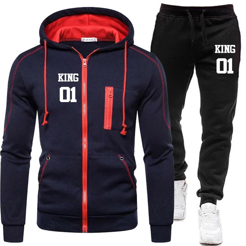 Autumn Winter Men's King Printed Tracksuit Suit Man Zipper Hoodie+Pants 2 Piece Set Casual Gym Fitness Jogging Sportswear Blue