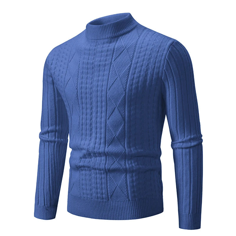 Autumn Winter Men's Solid Color Pullover Knitted Sweater Thick Stripes Sweaters Clothing Blue