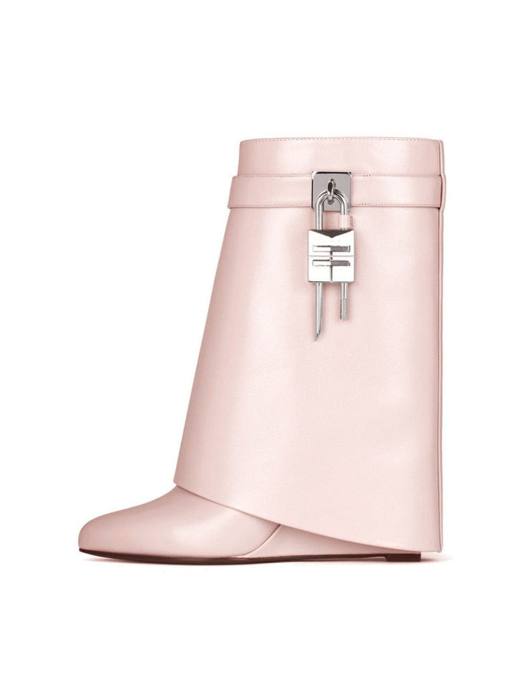 Autumn/Winter New Fashion Large Lock Waist Skirt Boots High Heel Leather Thick Bottom Side Zipper Women's Short Boots Pink pu