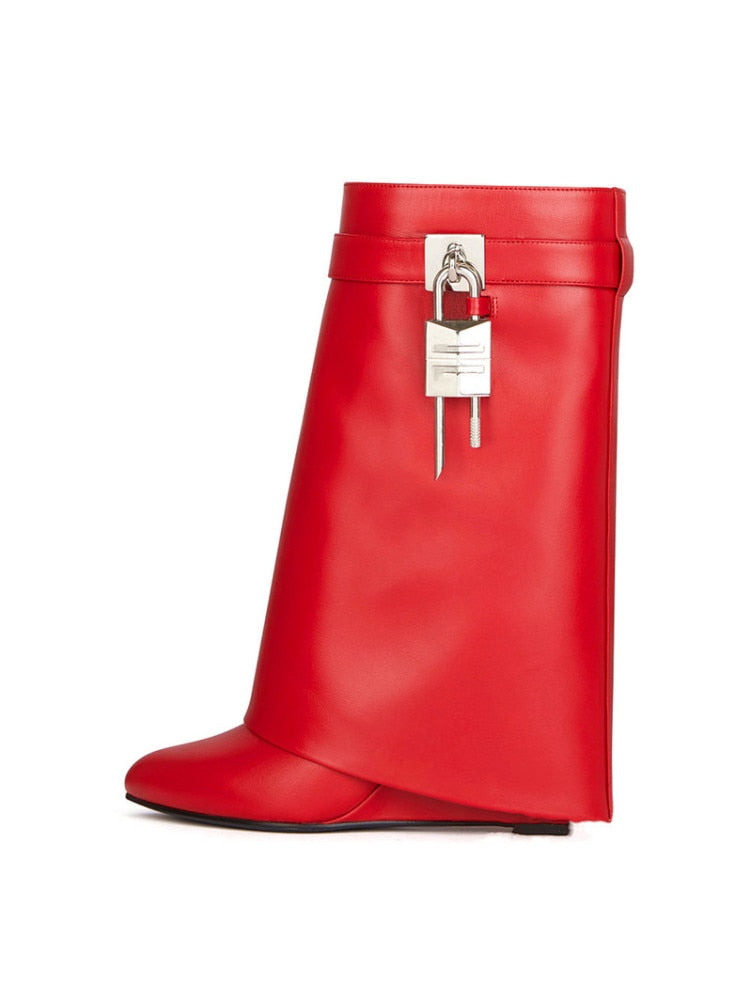 Autumn/Winter New Fashion Large Lock Waist Skirt Boots High Heel Leather Thick Bottom Side Zipper Women's Short Boots red pu