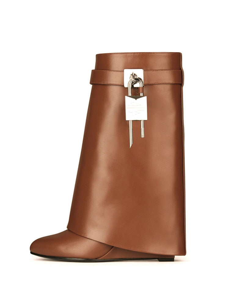 Autumn/Winter New Fashion Large Lock Waist Skirt Boots High Heel Leather Thick Bottom Side Zipper Women's Short Boots brown pu