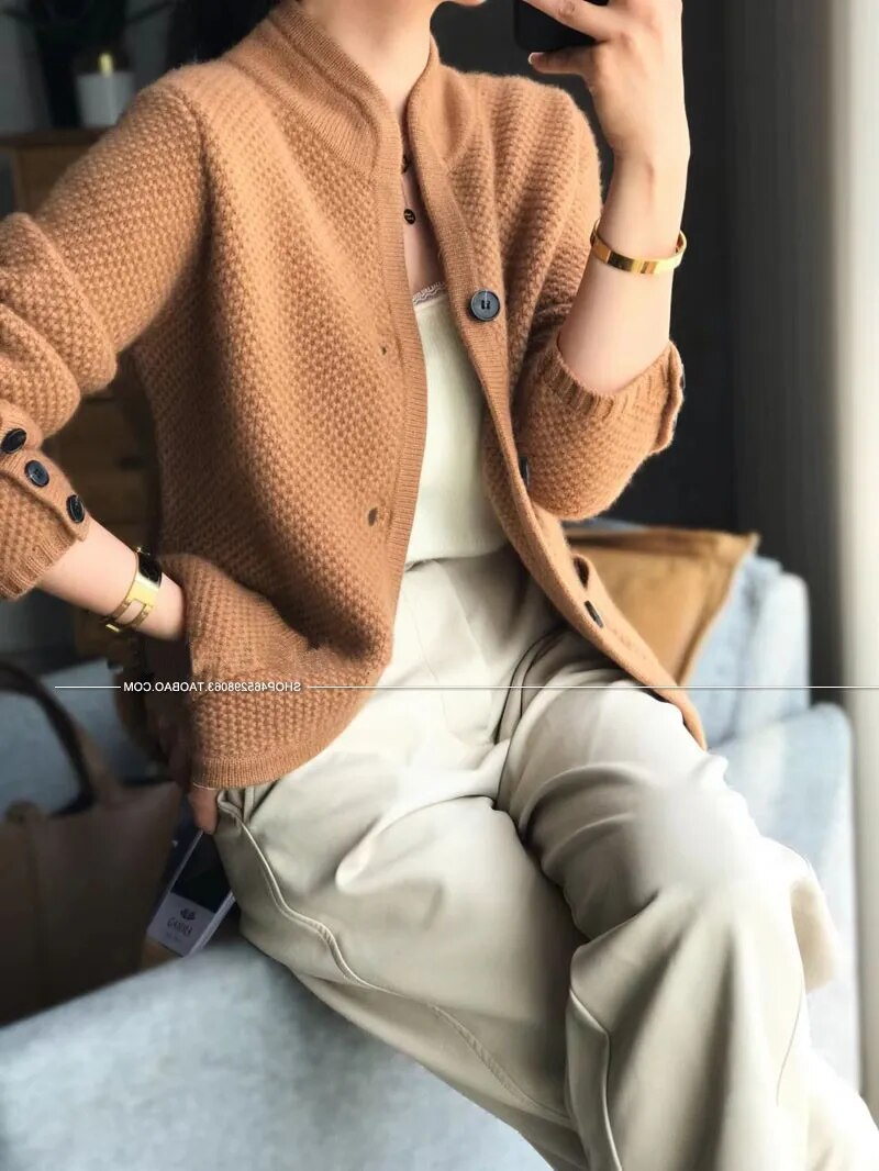Autumn Winter New Thickened 100% Cashmere Wool Cardigan Women Stand Neck Sweater Sweater Loose Knit Base Wool Sweater Jacket camel
