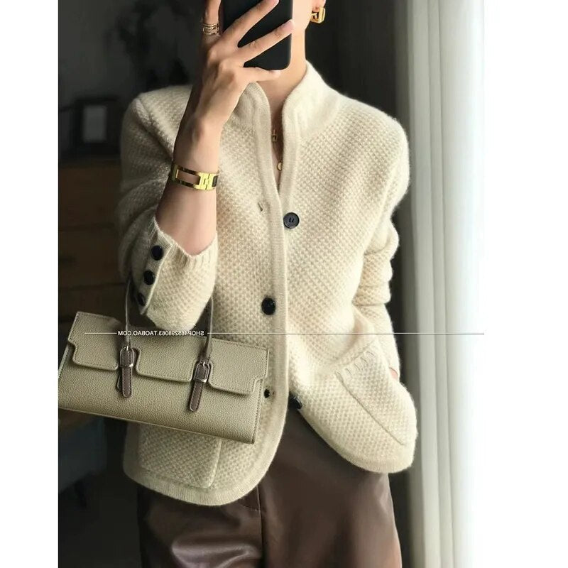 Autumn Winter New Thickened 100% Cashmere Wool Cardigan Women Stand Neck Sweater Sweater Loose Knit Base Wool Sweater Jacket beige