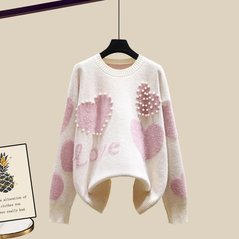 Autumn Winter New Warm Sweater 3 piece set Women Korean Fashion Sweet Heart-shaped beaded Sweater +Lamb wool vest +Pants Suits Pink Sweater