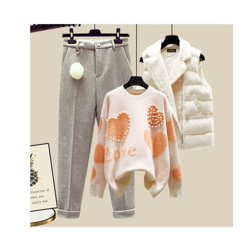 Autumn Winter New Warm Sweater 3 piece set Women Korean Fashion Sweet Heart-shaped beaded Sweater +Lamb wool vest +Pants Suits Orange 3 Piece Set
