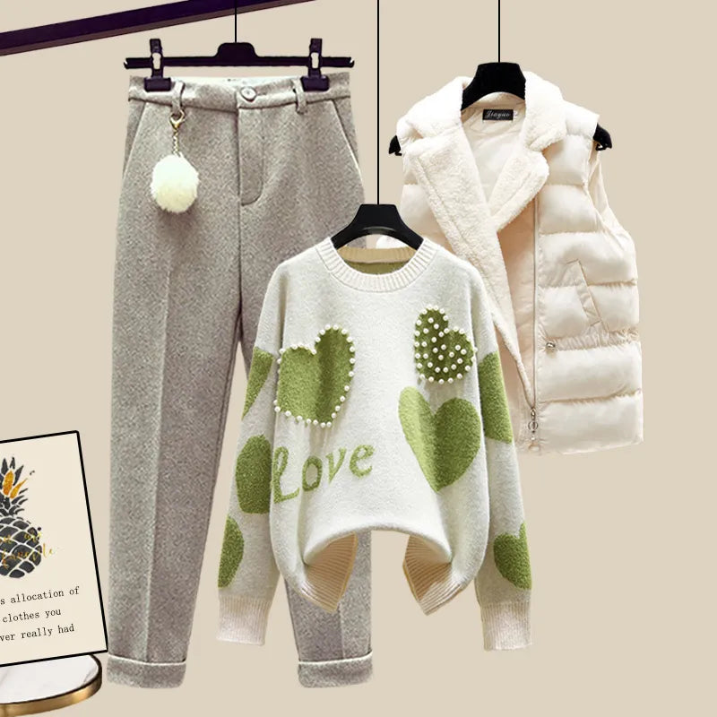 Autumn Winter New Warm Sweater 3 piece set Women Korean Fashion Sweet Heart-shaped beaded Sweater +Lamb wool vest +Pants Suits Green 3 Piece Set