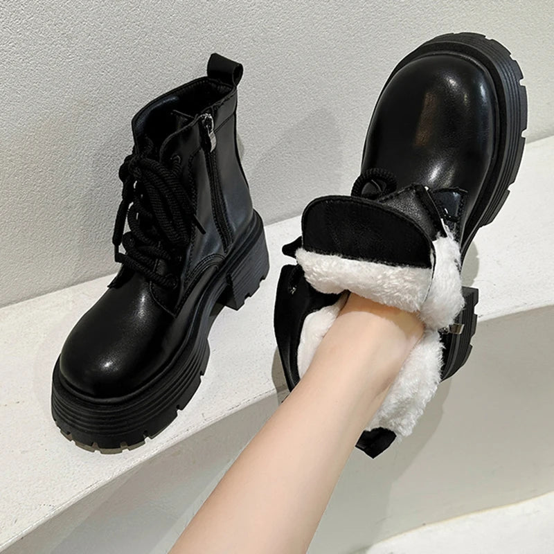 Autumn Winter Plush Warm Ankle Boots for Women Punk Chunky Platform Shoes Woman Thick Bottom Non Slip Motorcycle Boots