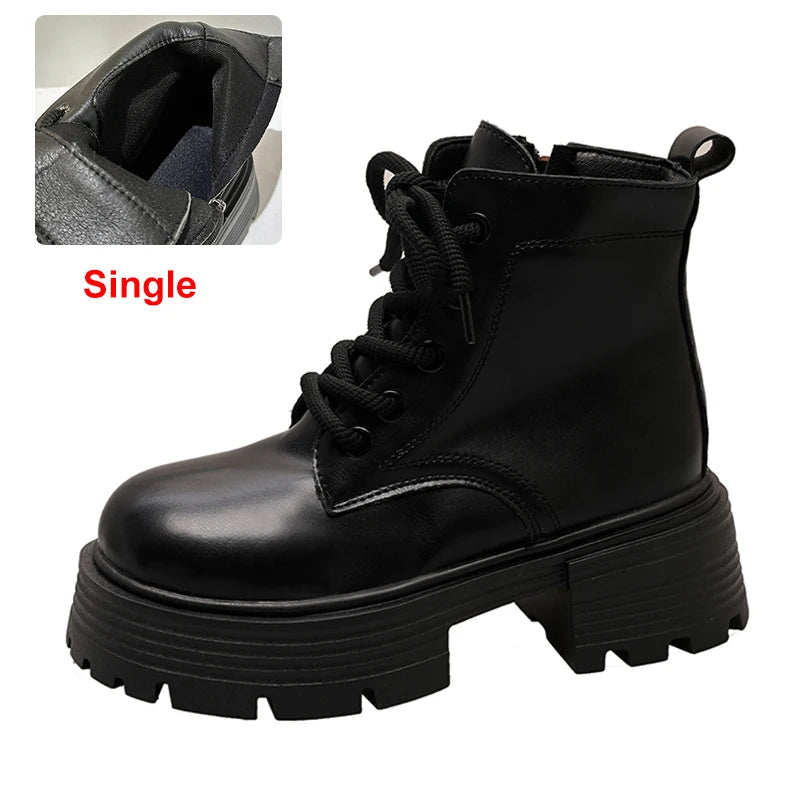 Autumn Winter Plush Warm Ankle Boots for Women Punk Chunky Platform Shoes Woman Thick Bottom Non Slip Motorcycle Boots Black single