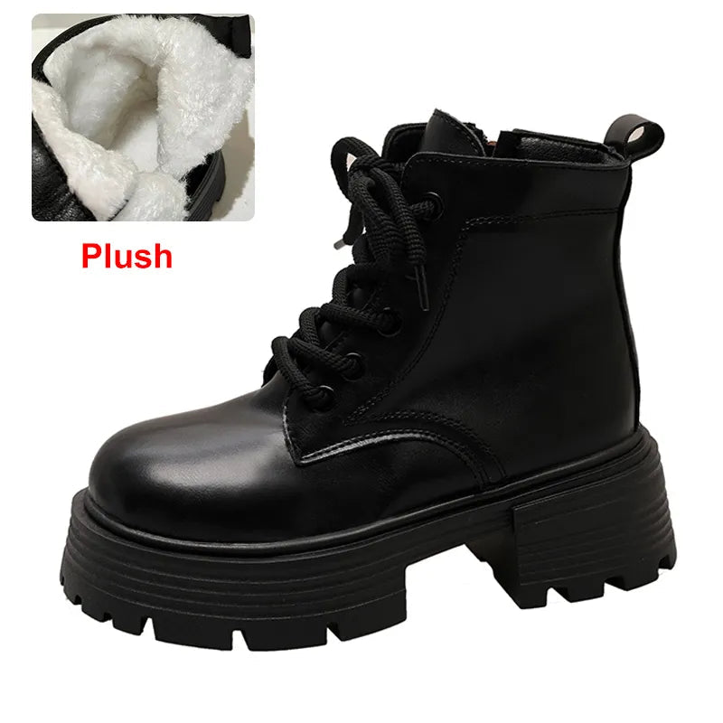 Autumn Winter Plush Warm Ankle Boots for Women Punk Chunky Platform Shoes Woman Thick Bottom Non Slip Motorcycle Boots Black short plush
