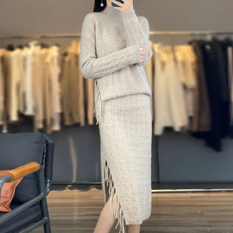Autumn Winter Pure Wool Sweater Women's Semi-High Collar Solid Color Knitted Collar Cashmere Tassel Skirt Fashion Two-Piece Suit Camel