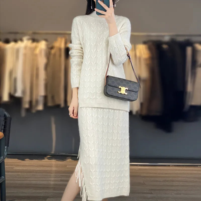 Autumn Winter Pure Wool Sweater Women's Semi-High Collar Solid Color Knitted Collar Cashmere Tassel Skirt Fashion Two-Piece Suit
