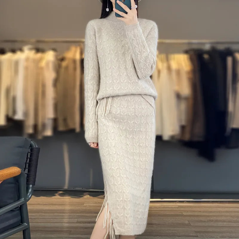 Autumn Winter Pure Wool Sweater Women's Semi-High Collar Solid Color Knitted Collar Cashmere Tassel Skirt Fashion Two-Piece Suit