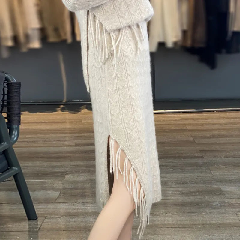 Autumn Winter Pure Wool Sweater Women's Semi-High Collar Solid Color Knitted Collar Cashmere Tassel Skirt Fashion Two-Piece Suit