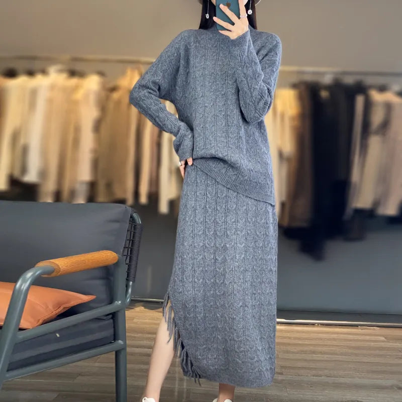 Autumn Winter Pure Wool Sweater Women's Semi-High Collar Solid Color Knitted Collar Cashmere Tassel Skirt Fashion Two-Piece Suit Gray