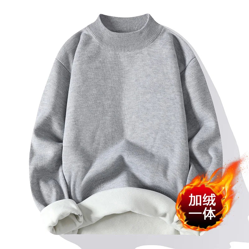 Autumn Winter Sweater Men Fashion Knitted Mock Neck Thick Fleece Inside Men Solid Color Casual Sweater Pullovers Grey