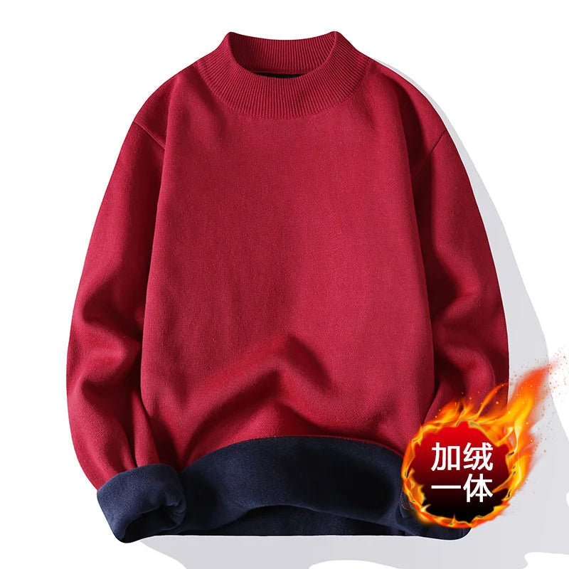 Autumn Winter Sweater Men Fashion Knitted Mock Neck Thick Fleece Inside Men Solid Color Casual Sweater Pullovers Red