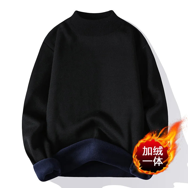 Autumn Winter Sweater Men Fashion Knitted Mock Neck Thick Fleece Inside Men Solid Color Casual Sweater Pullovers