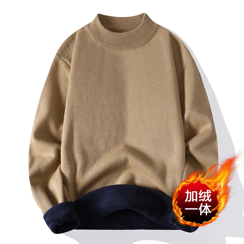 Autumn Winter Sweater Men Fashion Knitted Mock Neck Thick Fleece Inside Men Solid Color Casual Sweater Pullovers
