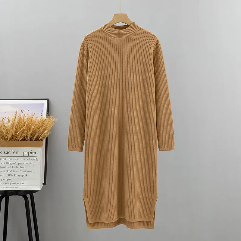 Autumn Winter Thick Women Sweater Dress Fashion Knitted Ribbed Casual Dress Loose Lady Warm Dresses brown One Size