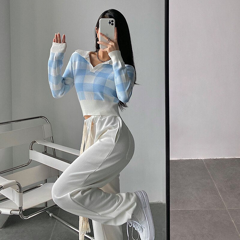 Autumn Winter Vintage Knitwear Crop Tops Women Pullover Sweaters Fashion Female Long Sleeve Elastic Casual Plaid Knitted Shirts