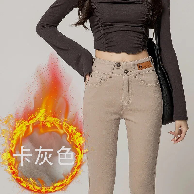 Autumn Winter Warm Women High Waist Stretch Jeans Pants Pencil Streetwear Hip Lift Denim Legging Korean Fashion Skinny Pants Khaki-gray-fleece