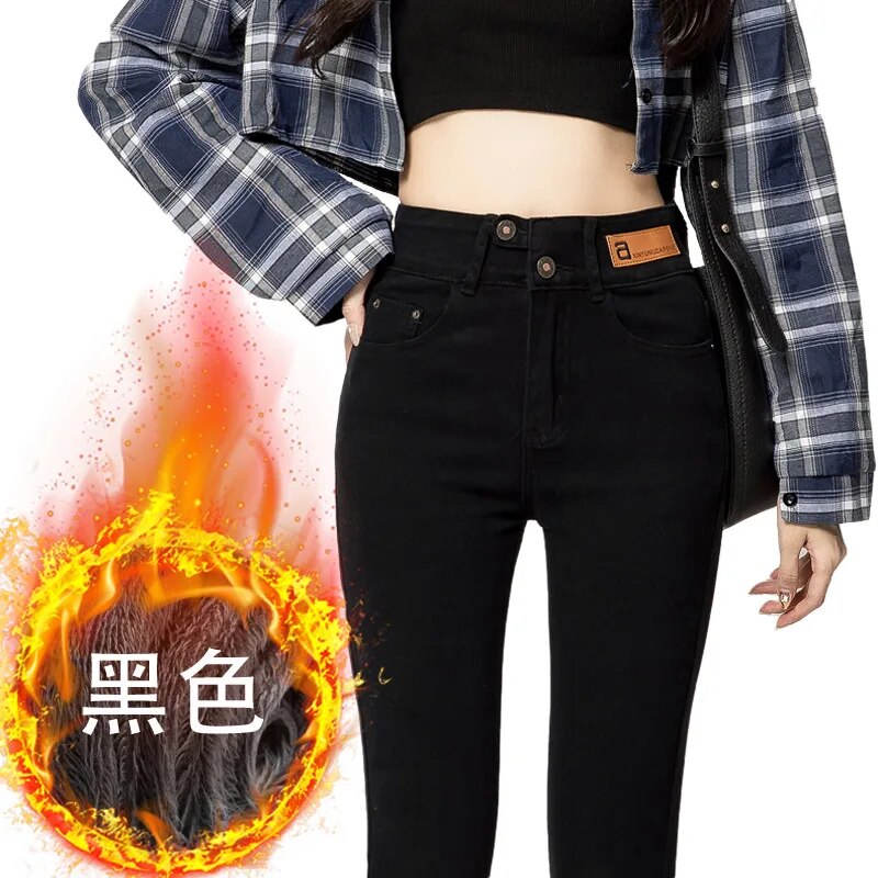 Autumn Winter Warm Women High Waist Stretch Jeans Pants Pencil Streetwear Hip Lift Denim Legging Korean Fashion Skinny Pants Black-fleece
