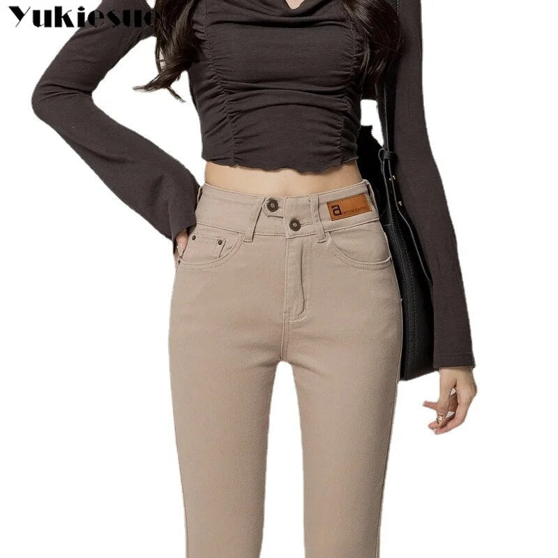 Autumn Winter Warm Women High Waist Stretch Jeans Pants Pencil Streetwear Hip Lift Denim Legging Korean Fashion Skinny Pants