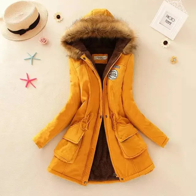 Autumn Winter Women Cotton Jacket Padded Casual Slim Coat Emboridery Hooded Parkas Wadded Warm Overcoat Fashion Parkas yellow