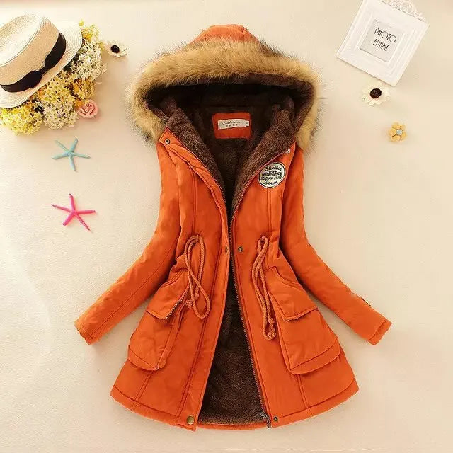 Autumn Winter Women Cotton Jacket Padded Casual Slim Coat Emboridery Hooded Parkas Wadded Warm Overcoat Fashion Parkas Orange