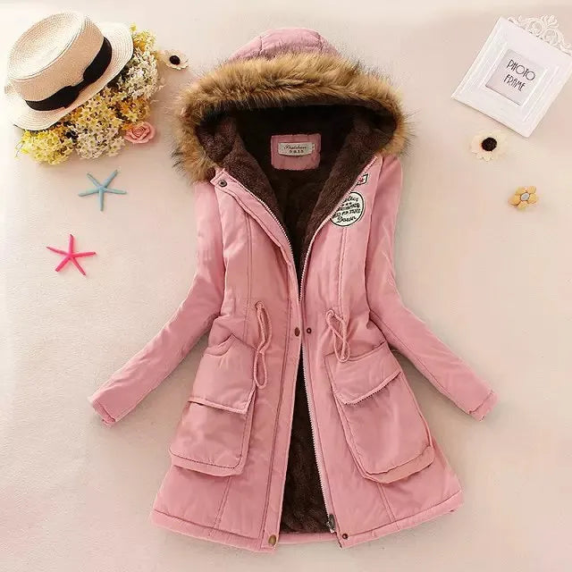 Autumn Winter Women Cotton Jacket Padded Casual Slim Coat Emboridery Hooded Parkas Wadded Warm Overcoat Fashion Parkas Pink