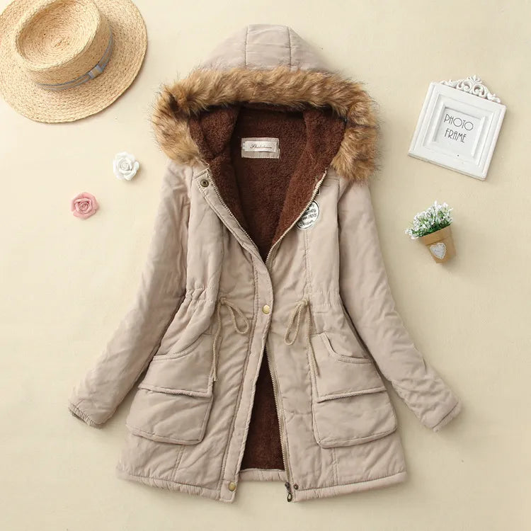 Autumn Winter Women Cotton Jacket Padded Casual Slim Coat Emboridery Hooded Parkas Wadded Warm Overcoat Fashion Parkas Khaki